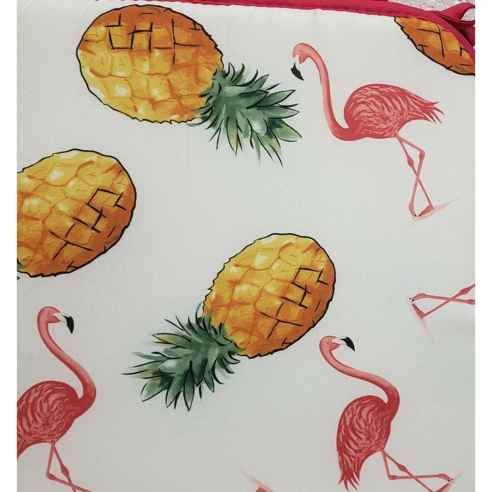 SET OF 2 CHAIR PADS CUSHIONS w/ pink strings, FLAMINGOS & PINEAPPLES,15